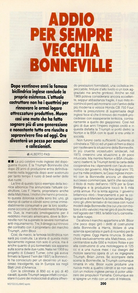 1985-86-88 - Bonneville Les Harris: in centro l'annuncio della commercializzazione