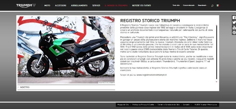 Registro Storico Triumph nel sito ufficiale Triumph Italia