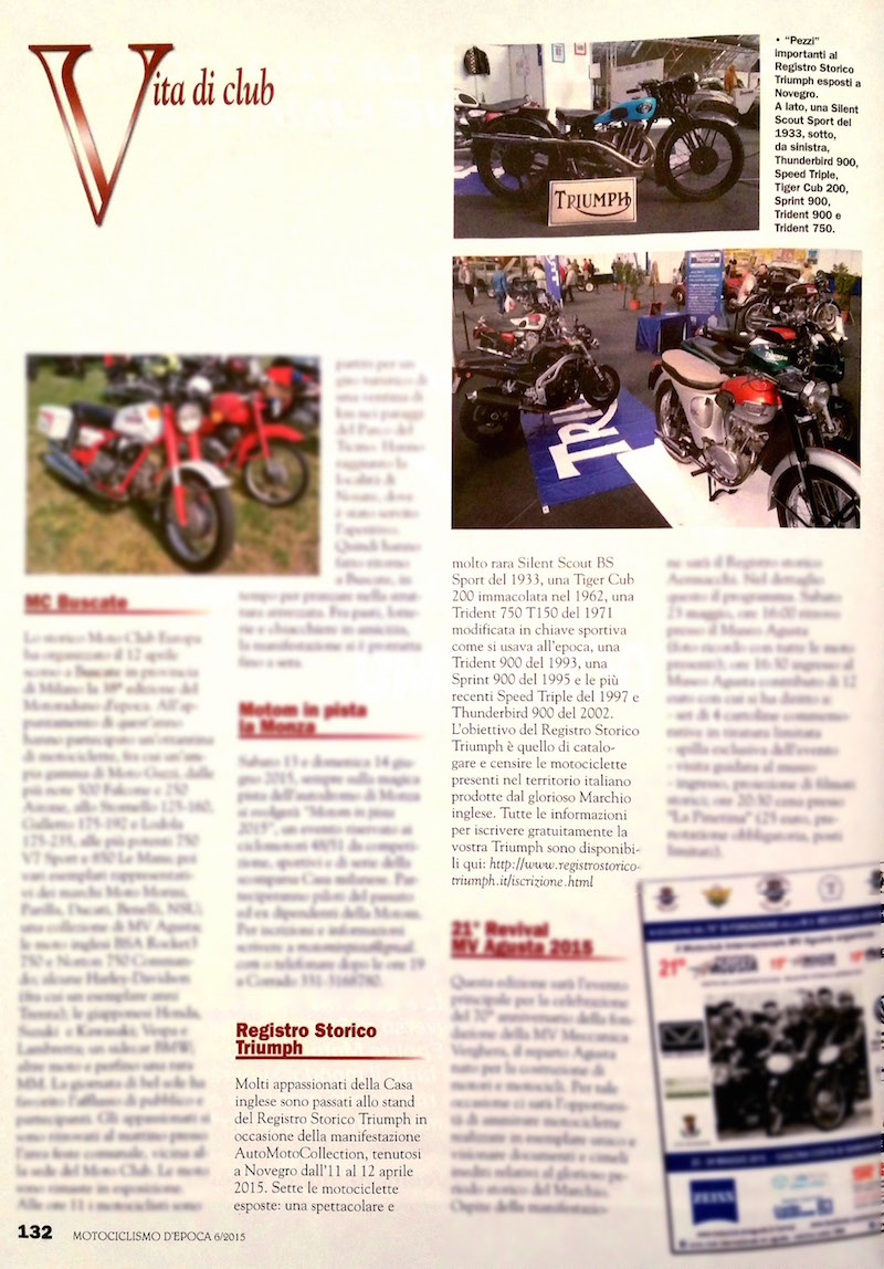 Motociclismo d'EPoca Giugno 2015 Registro Storico Triumph