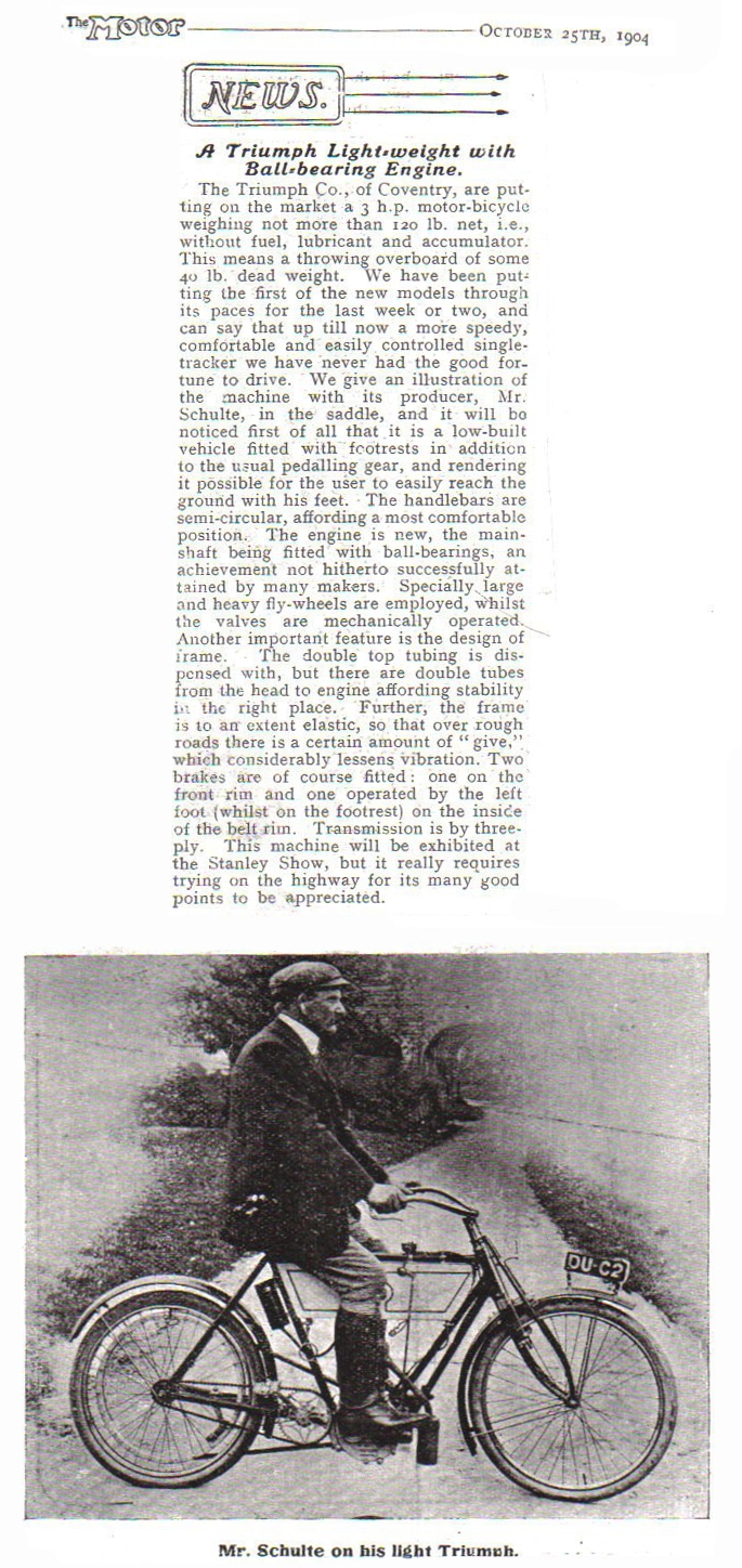 25 Ottobre 1904 - Presentazione della nuova Triumph 3HP con Mauritz J. Schulte