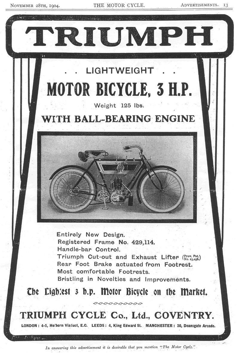 28 Novembre 1904 - Pubblicità Triumph 3HP con motore Triumph