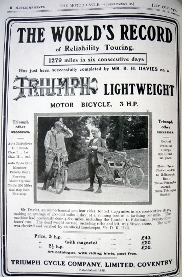 1905 - Triumph pubblicizza l'impresa di Mr.Ixion (foto tratta da go-faster.com)