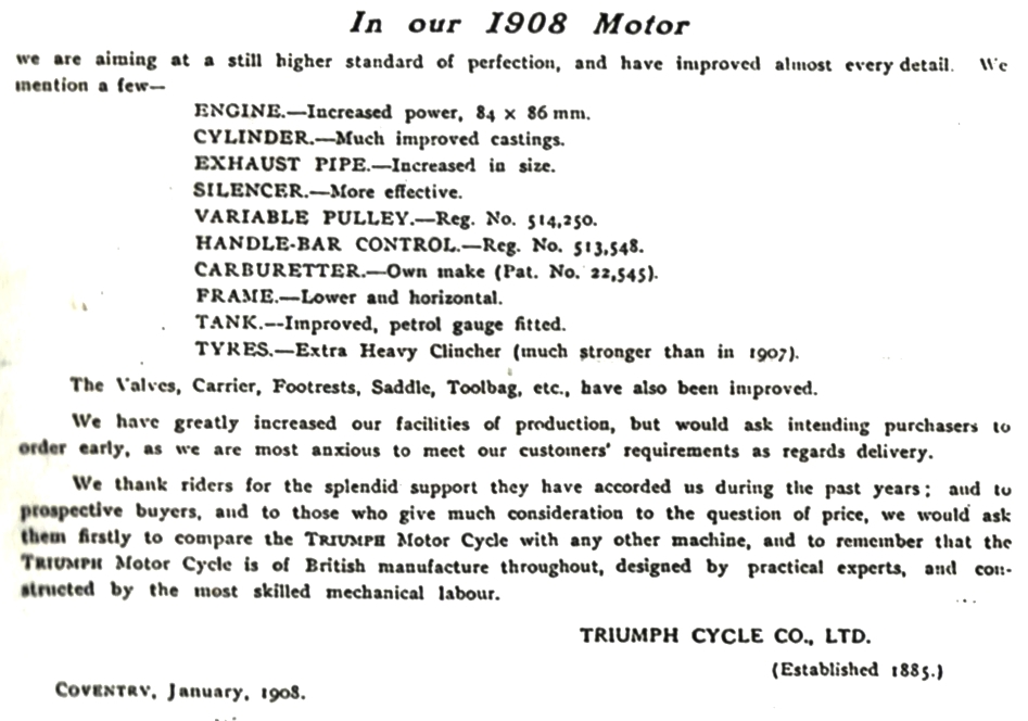 Estratto dal catalogo ufficiale con le novità per il 1908 Triumph