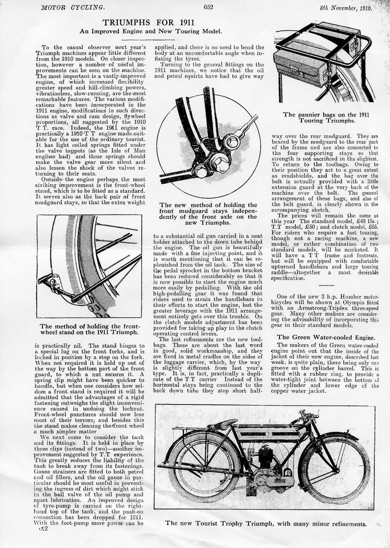 Articolo pubblicato l'8 novembre 1910 dalla rivista "THE MOTOR CYCLING"