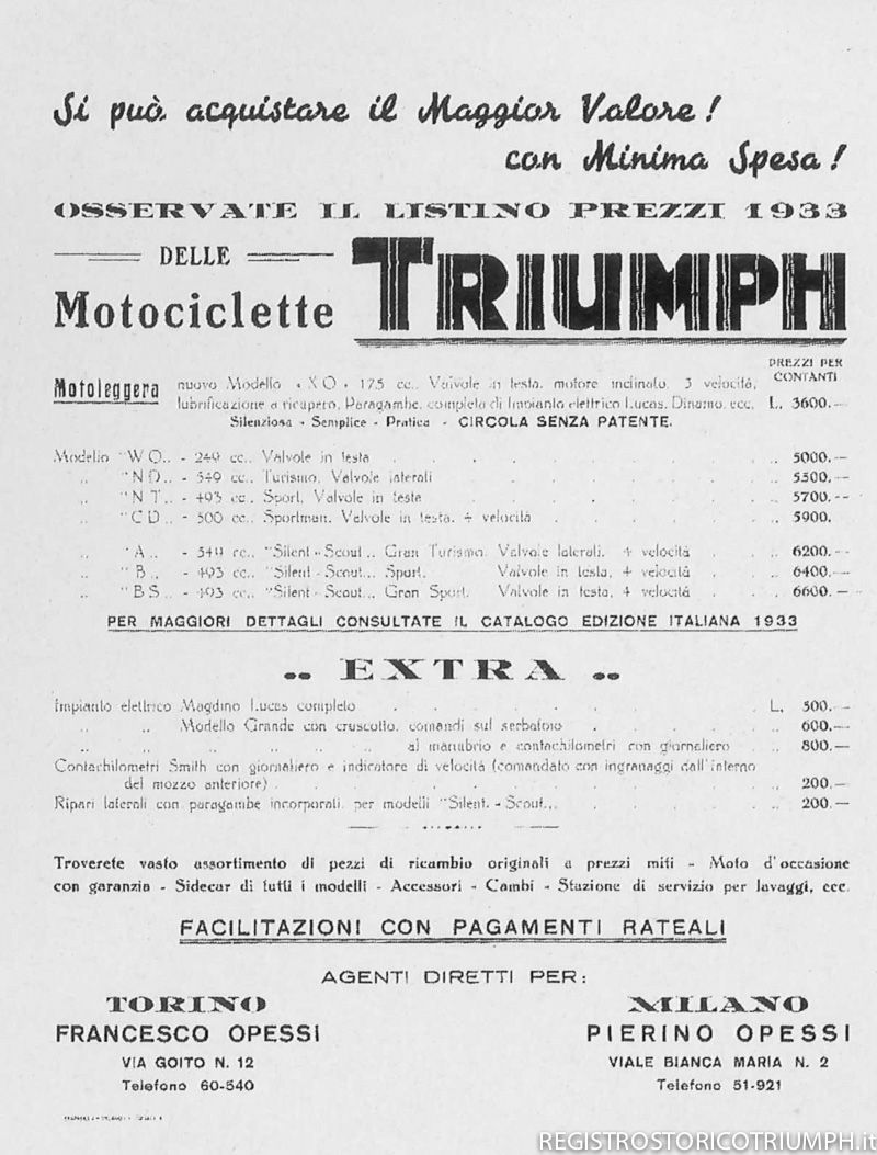 1933 - Listino prezzi Triumph Italia